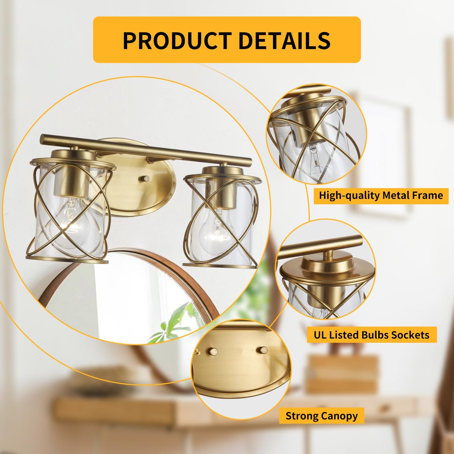 mavcadonf 2-Light UL Certified Brushed Gold Vanity Light, Metal Cage Shade Wall Sconce Over Mirror, Modern Farmhouse Light Fixture for Bathroom