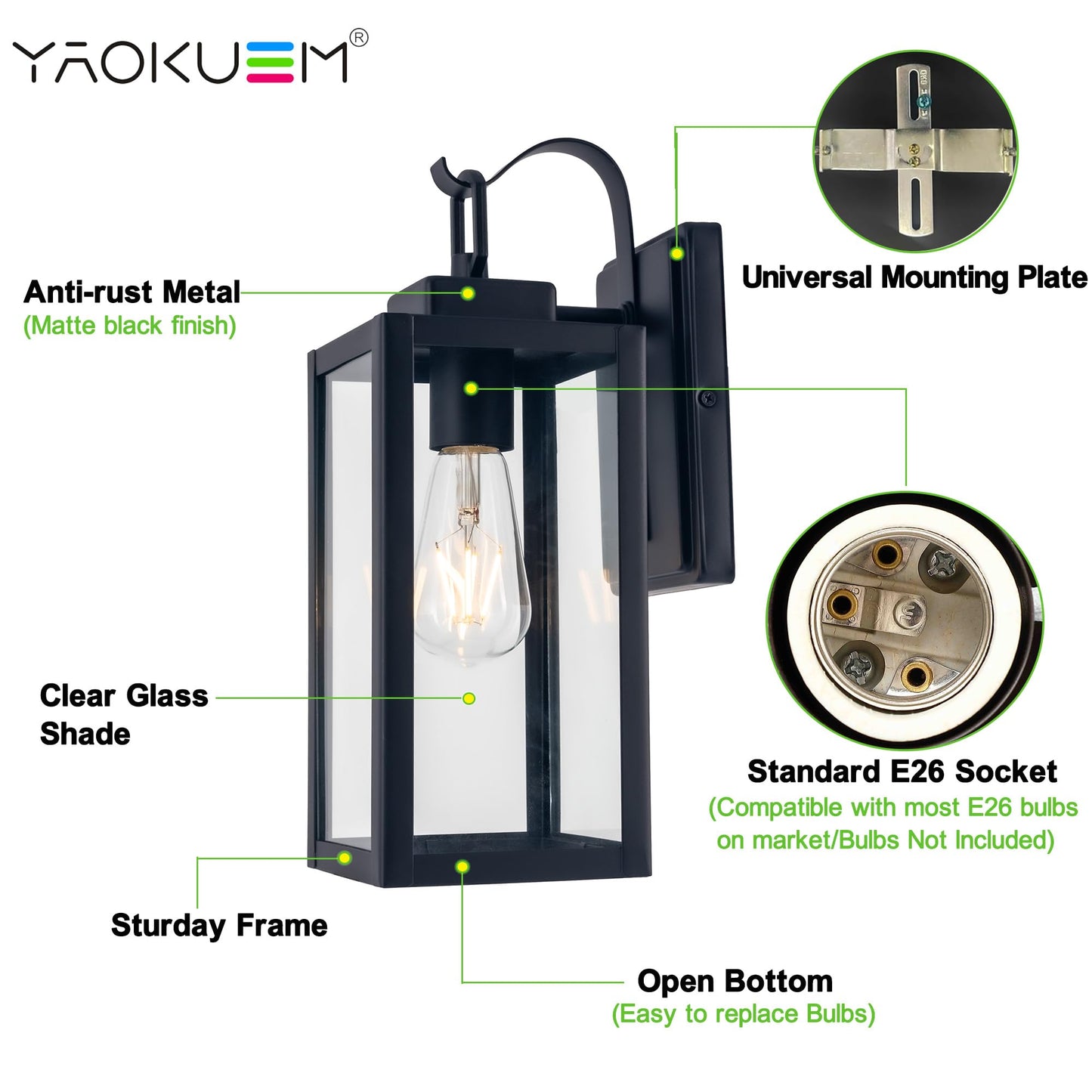 YaoKuem Outdoor Wall Lantern, Wall Sconce as Porch Lighting Fixture, E26 Medium Base, Metal Housing Plus Glass, Bulbs not Included
