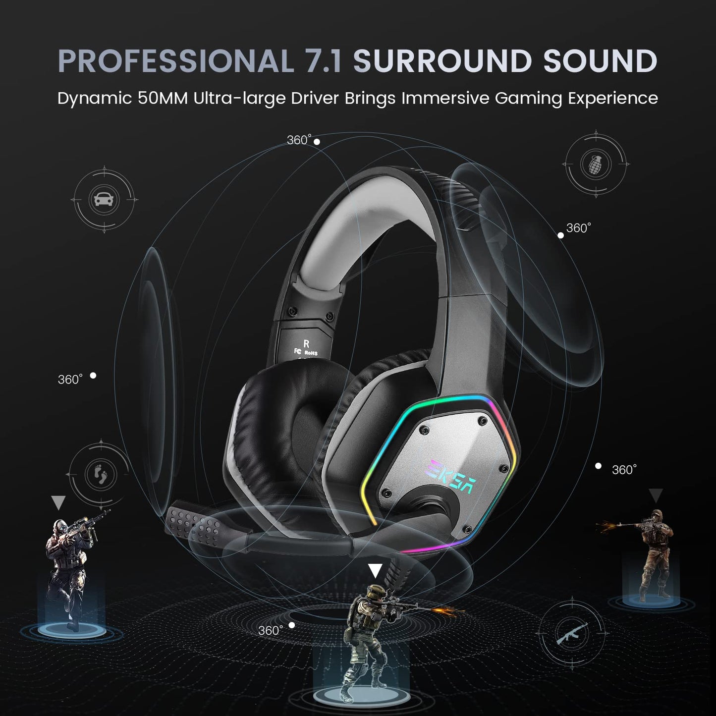EKSA E1000 USB Gaming Headset for PC, Computer Headphones with Microphone/Mic Noise Cancelling, 7.1 Surround Sound, RGB Light - Wired Headphones