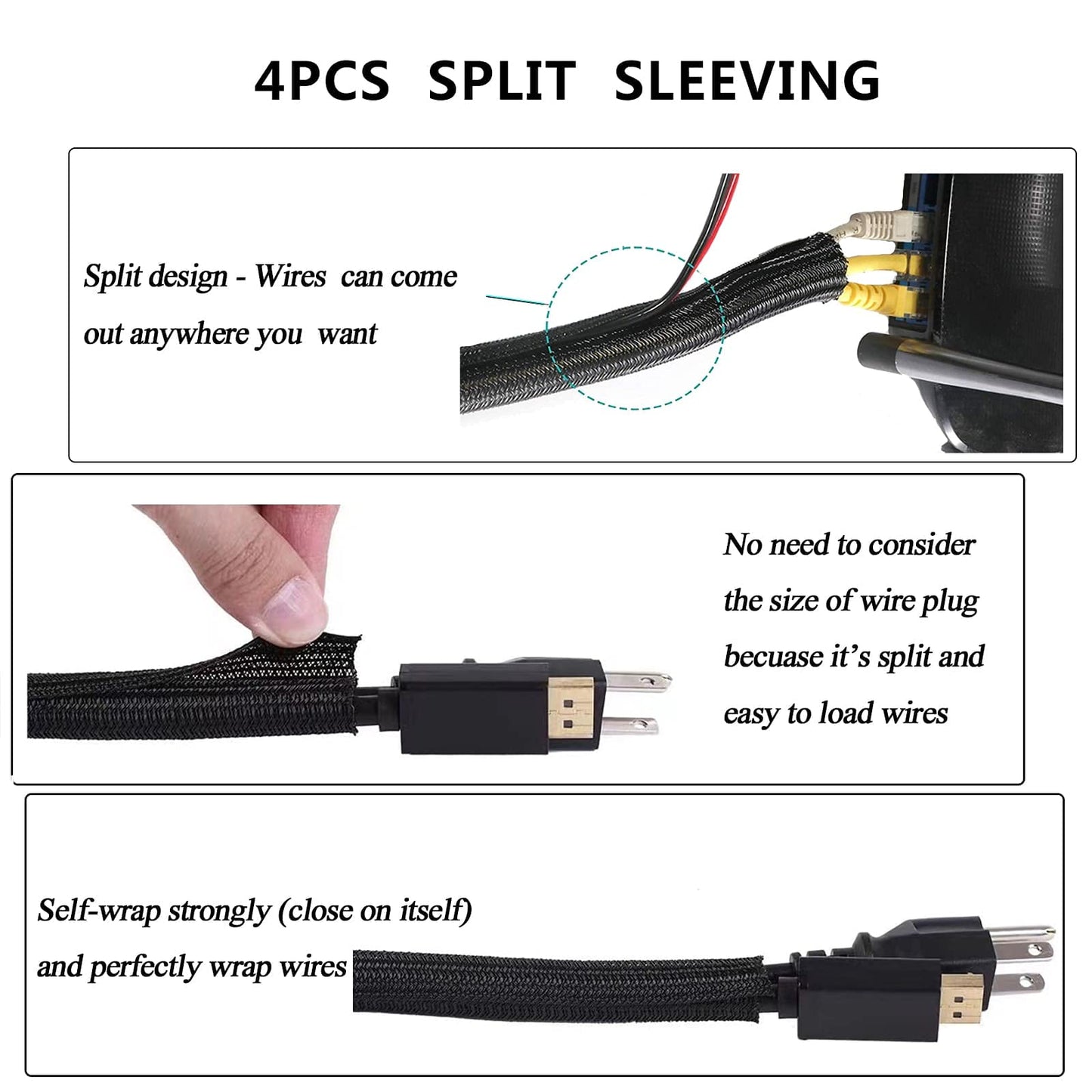 Cord Management Organizer Kit 4 Cable Sleeve split with 41Self Adhesive Cable Clips Holder, 10pcs and 2 Roll Self Adhesive tie and 100 Fastening Cable