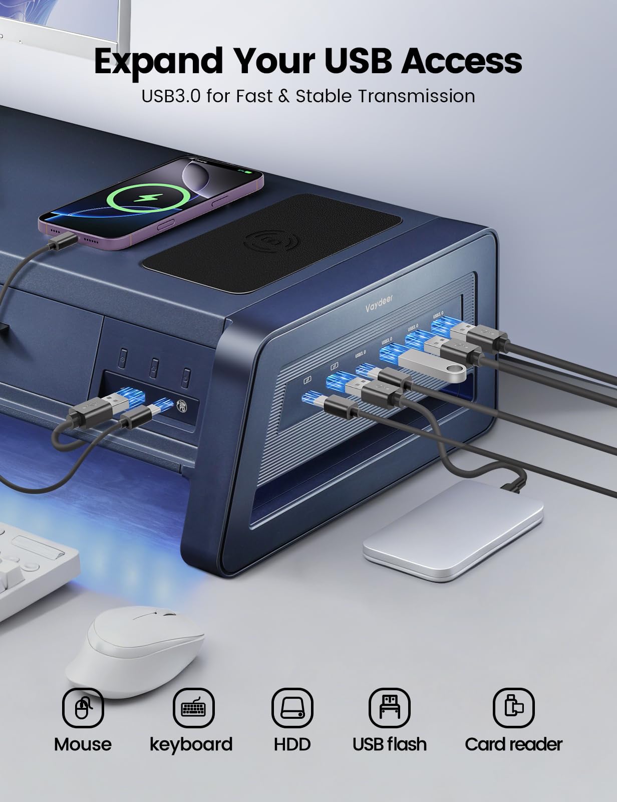 Vaydeer All-in-One Dual Monitor Stand Riser with 2 Drawers, 8USB Ports and Wireless Charging Pad with LED Light Strip for 2 Monitors , Desk Organizer