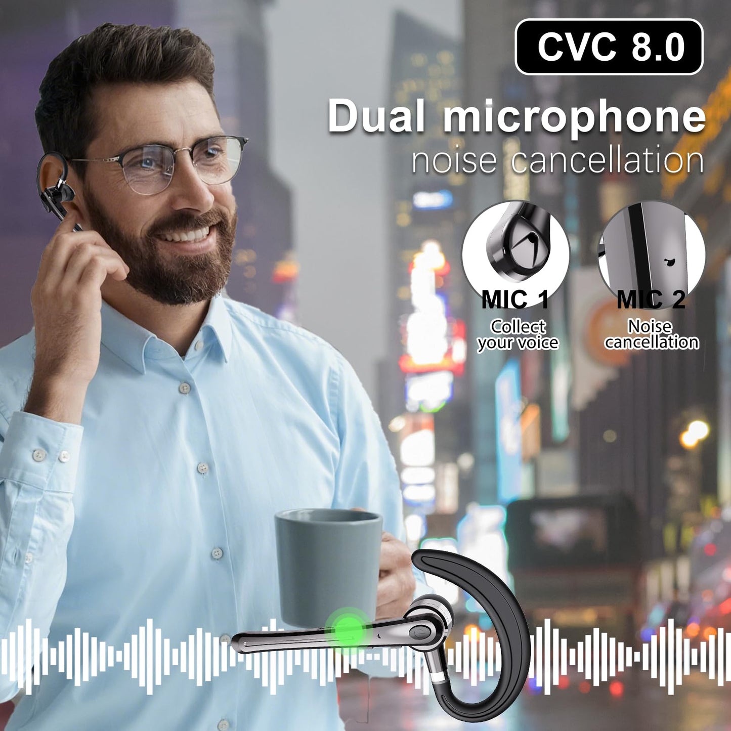 Bluetooth Headset,Wireless Bluetooth Earpiece with 800mAh Charging Case 80 Hours Talking Time Built-in CVC8.0 Dual-Mic Active Noise Cancelling V5.1