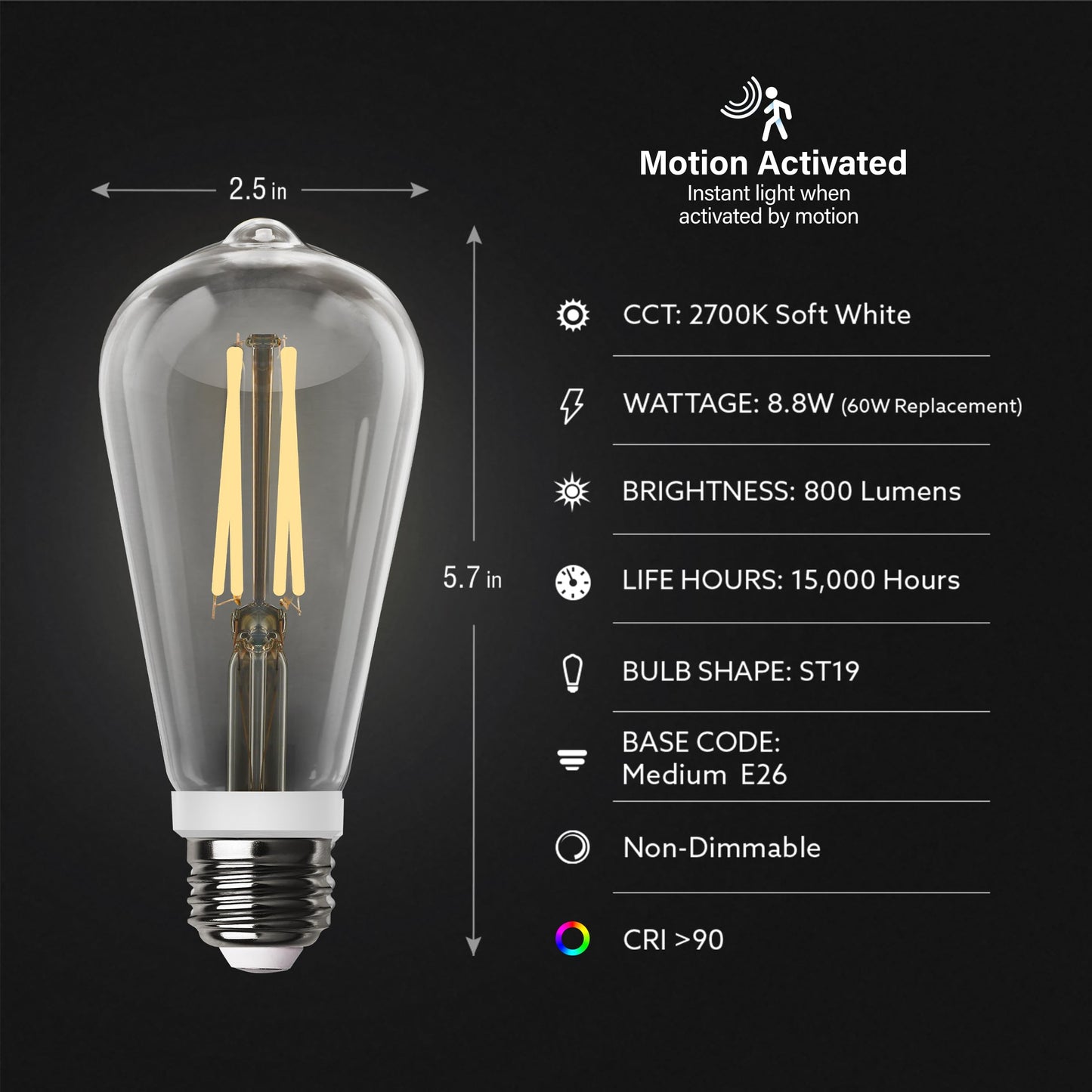 Feit Electric ST19 Motion Sensor LED Bulb, 60W Eq, Soft White, E26 Base
