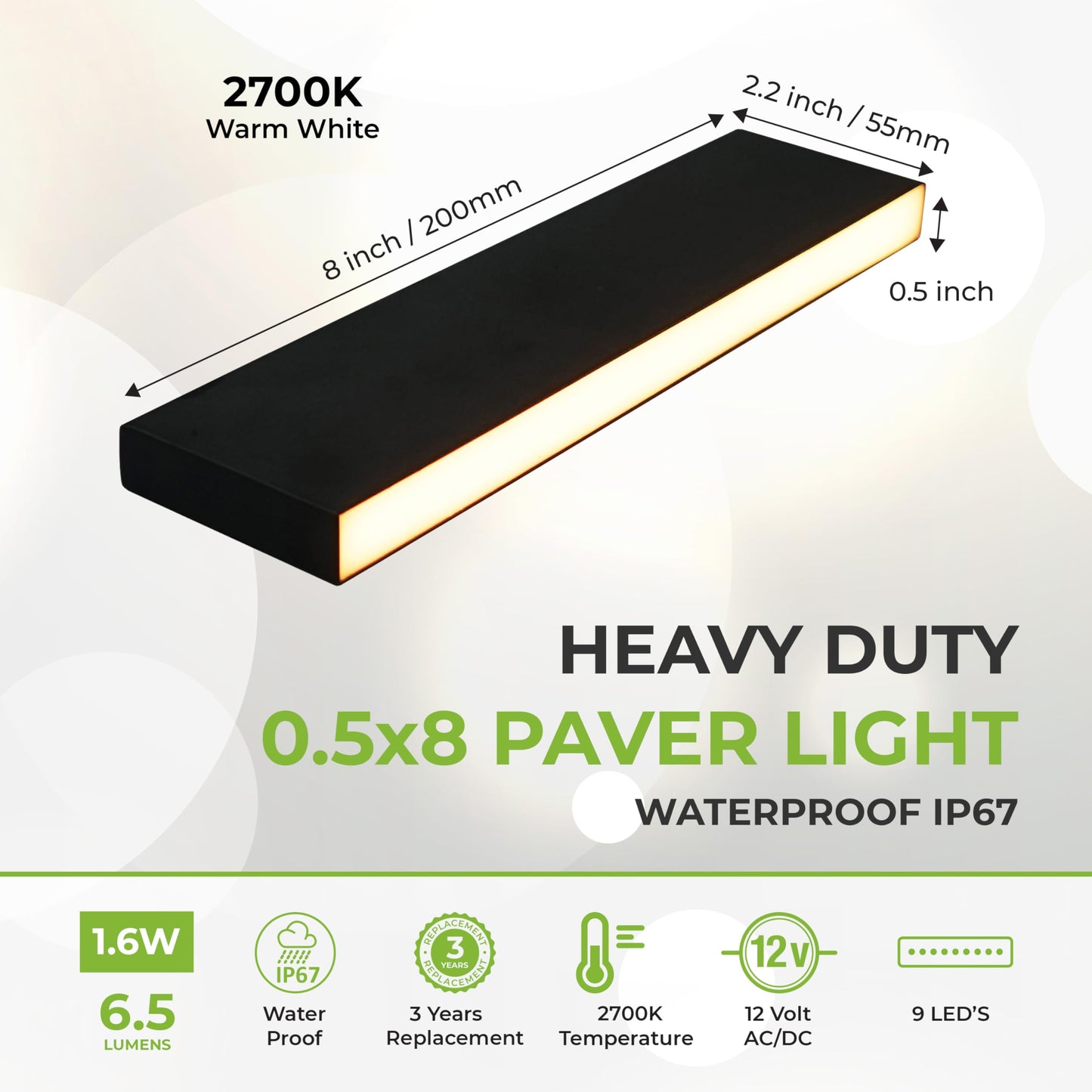 LUMENGY Paver Light Slim 0.5x8 Inch (0.55x7.87), 2700K Warm White, Glare-Free Linear Lighting for Driveways, Walkways and Paver Borders, 12V