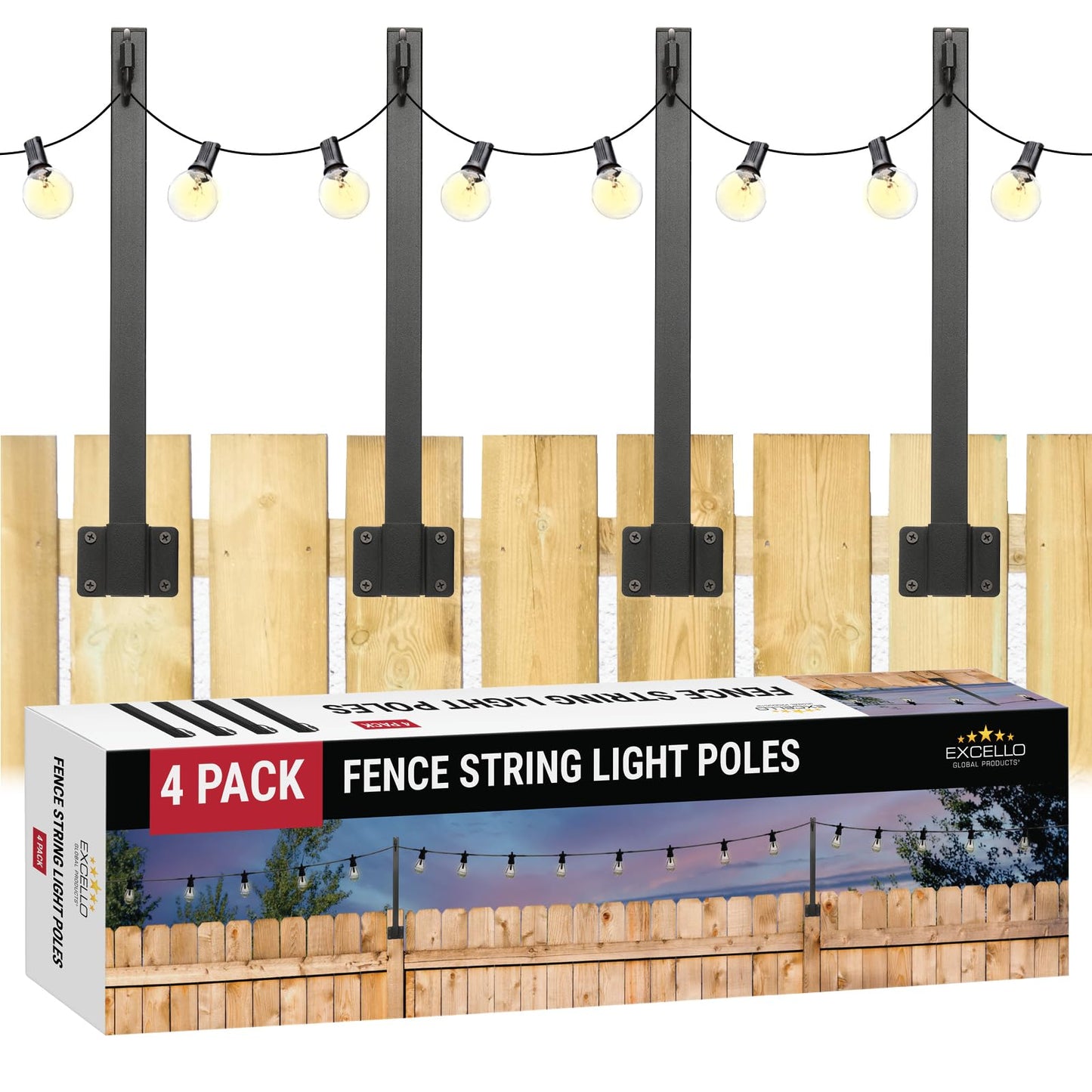 EXCELLO GLOBAL PRODUCTS 4 Pack of 1.3' Fence String Light Poles