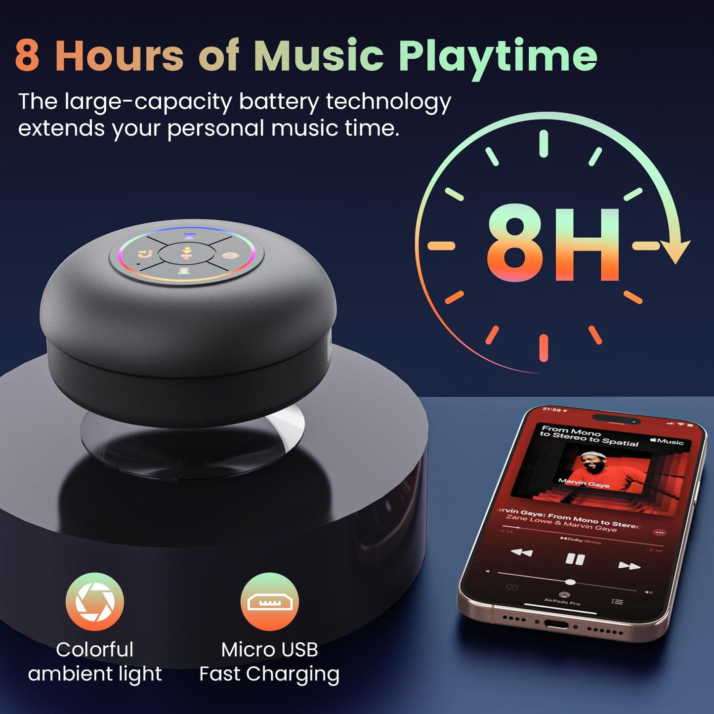 FKLBBLPM Shower & Outdoor Speaker - 10M Bluetooth, Suction Cup Powerhouse IPX7 Waterproof & Dustproof w/RGB Party Lights - Ultimate Bath