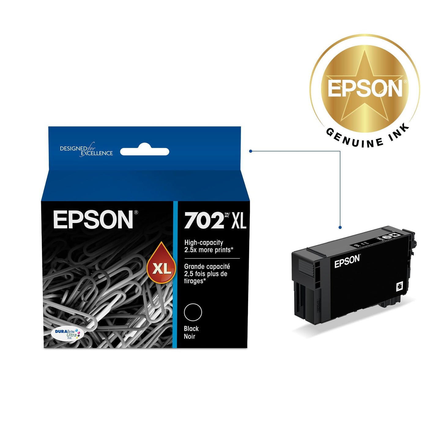 EPSON 702 DURABrite Ultra Ink High Capacity Black Cartridge (T702XL120-S) Works with WorkForce Pro WF-3720, 3730, 3733