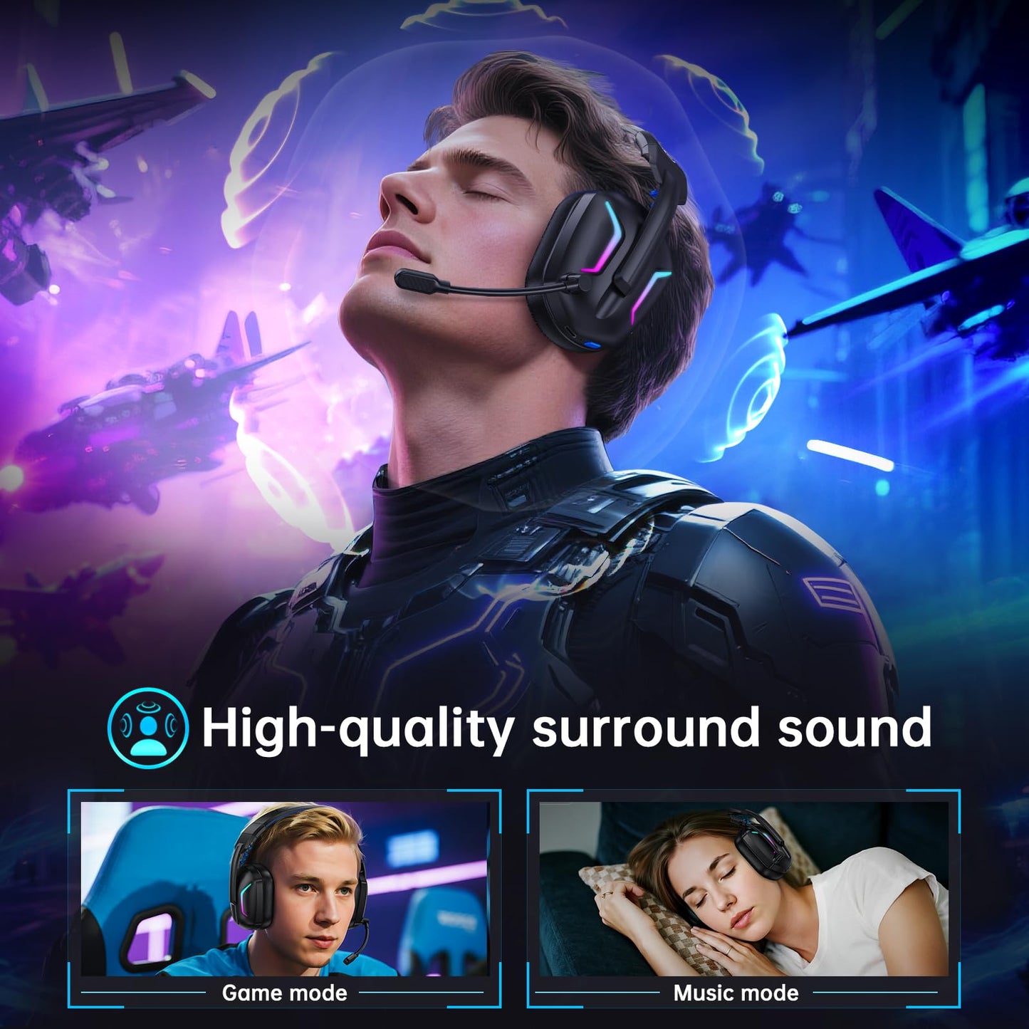 Fachixy Wireless Gaming Headset with LED Light for PS5, PS4, PC, Switch, Laptop, Mac - 2.4GHz & Bluetooth 5.4, 50H Battery, Flip Mic, Lossless Audio