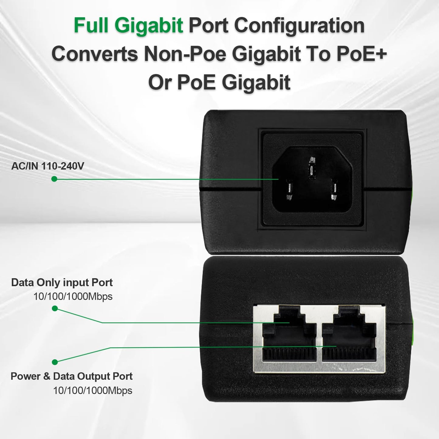 ULTRAPOE Gigabit PoE+ Injector for Ethernet, 30W 48V with 10/100/1000Mbps & IEEE 802.3af/at Compliance. Extend Network Up to 100M (328 ft) Plug
