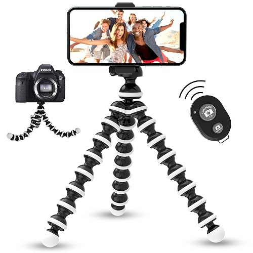 TALK WORKS Flexible Tripod for iPhone, Android, Camera - Bendable Legs, Adjustable Stand Holder with Mini Wireless Remote for Selfies, Vlogging