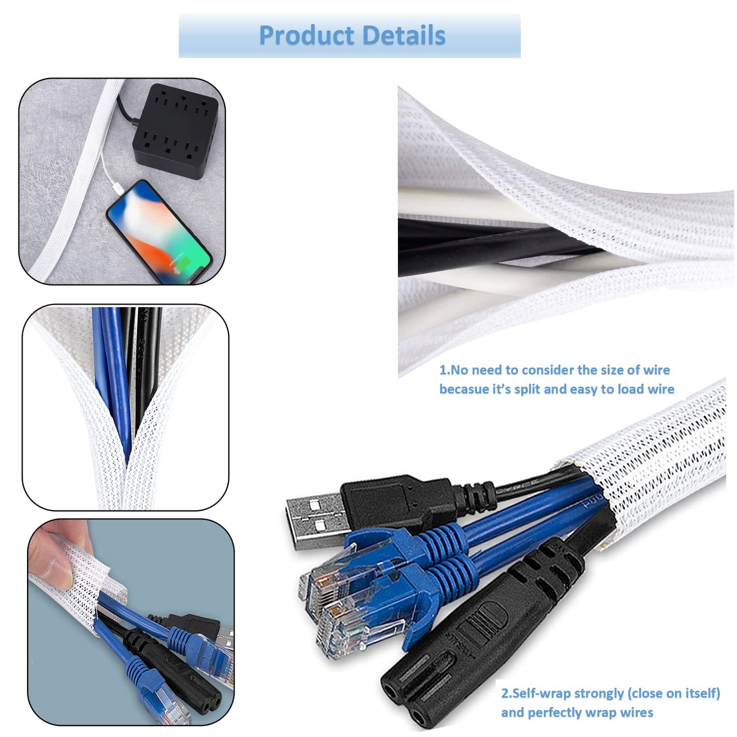 10ft - 1/2 inch Diameter Cord Protector, Hibucuo Cable Management Sleeve Wire Loom Tubing Cable Sleeve Split Sleeving for USB Cable Power Cord Audio