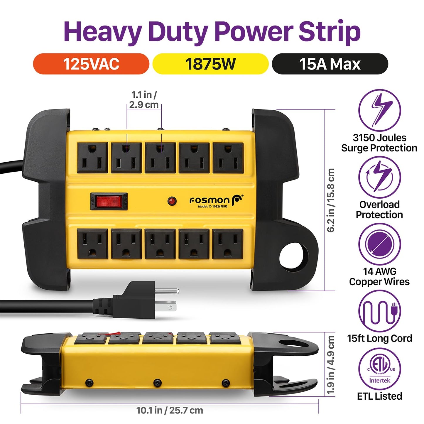 Fosmon 10-Outlets Heavy Duty Power Strip Metal Surge Protector with 3150 Joules & 15 Amps, 15-FT Wall Mountable Extension Cord for Garage, Workshop