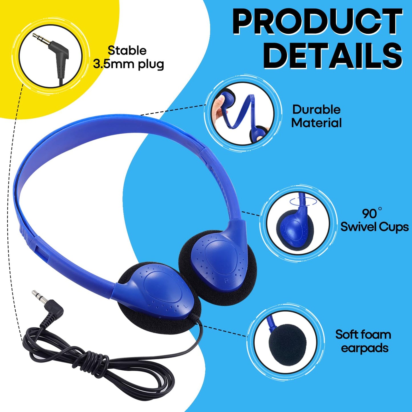 Gaosen 20 Pack Classroom Headphones Bulk for Kids School Student,Wholesale Durable Wired Class Set Headphones for Children Toddler Teens Boys Girls