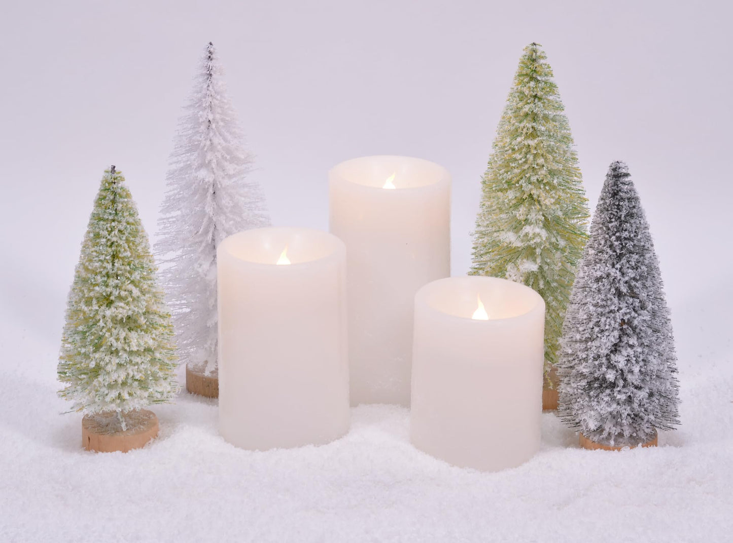 Mark Feldstein & Associates Sisal Tree and Wax LED Flameless Candle 8 Piece Candlescape Centerpiece Set, 8 Inch, White and Green with Artificial Snow