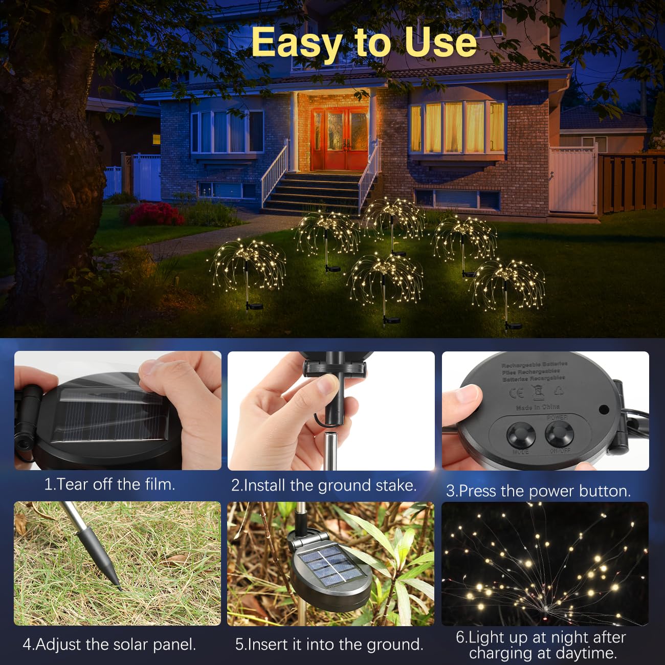 Lewondr Firework Solar Garden Lights 4 Pack, 120 LED Solar Firework Lights with 8 Lighting Modes, Waterproof Sparkler Starburst Solar Lights Outdoor