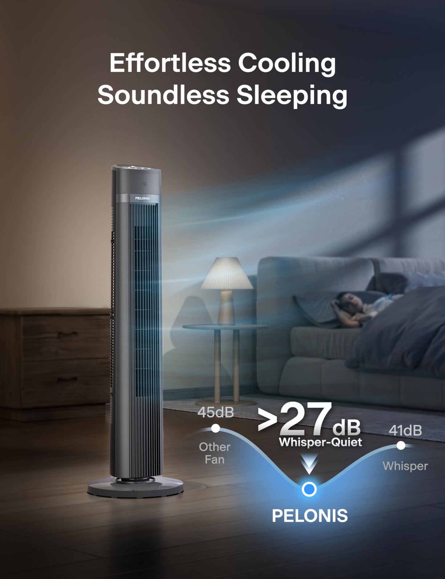 PELONIS 40-inch Bladeless Tower Fan for Bedroom, Standing Fan with Remote Control, 26ft/s, 90° Oscillation, 3 Speed Settings, 27 dB, 3 Modes, 15-Hour