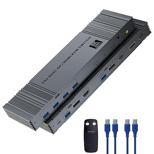 8K@60Hz HDMI+DP KVM Switch with 4-Port USB 3.0 Hub Dual HDMI Monitor KVM Switch for 2 Computers Supports Extended/Copy Mode, Keyboard & Mouse Sharing