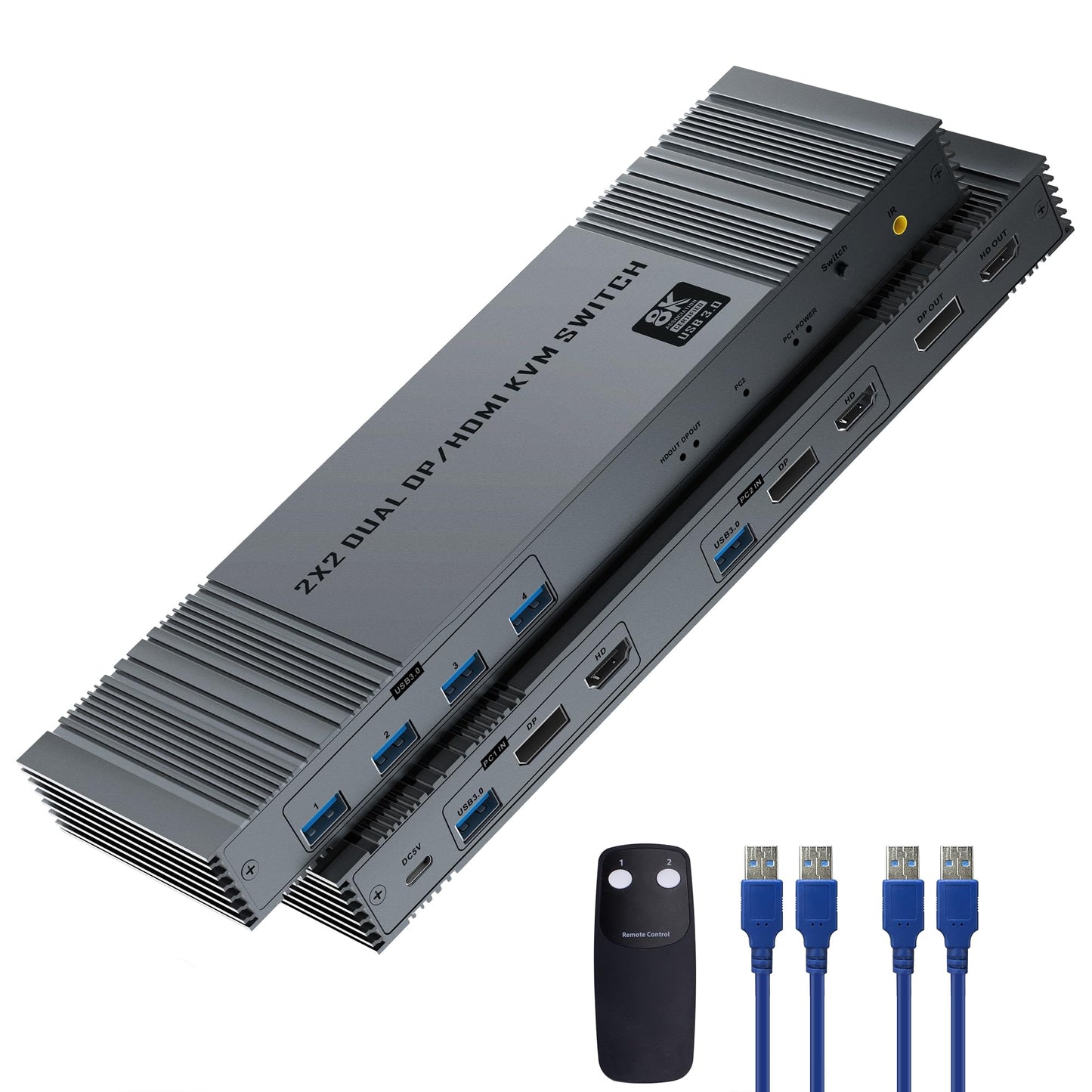 8K@60Hz HDMI+DP KVM Switch with 4-Port USB 3.0 Hub Dual HDMI Monitor KVM Switch for 2 Computers Supports Extended/Copy Mode, Keyboard & Mouse Sharing