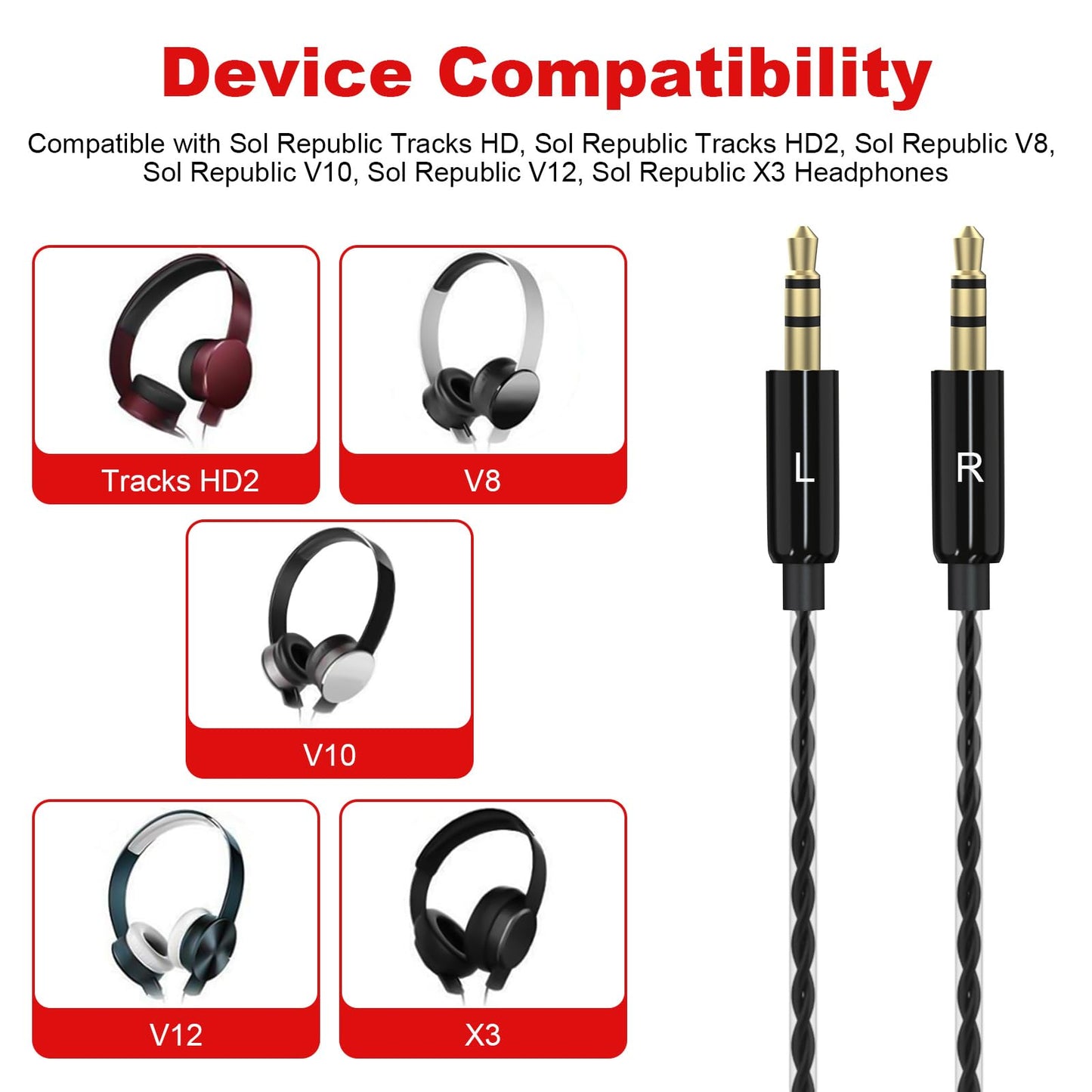 Sol Republic Cable Compatible with Sol Republic Tracks HD, HD2, Sol Republic V8, V10, V12, X3 Headphones, for iPhone Samsung & Android Phone (Red)