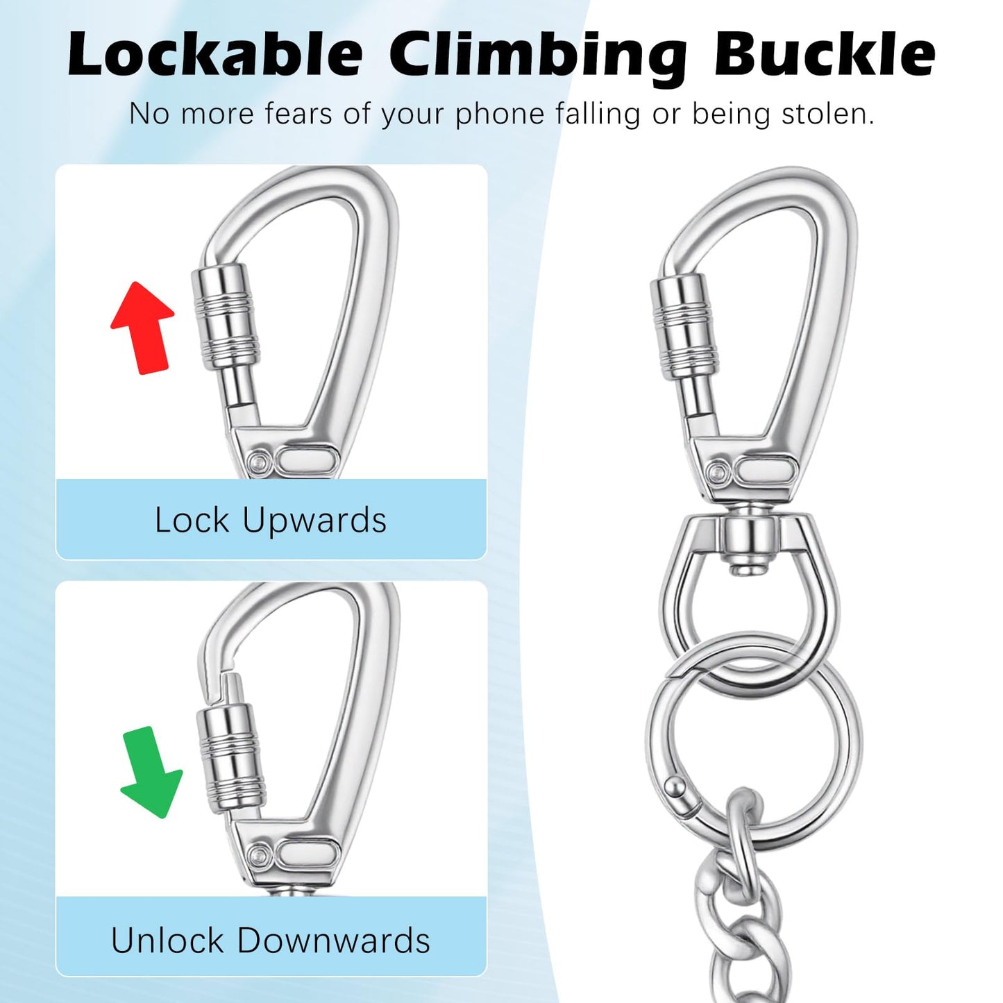 MoKo Anti-Theft Phone Tether Strap, Phone Chain Lanyard with Lockable Carabiner, Stainless Steel iPhone Strap with 2 x 360° Metal Tether Tab