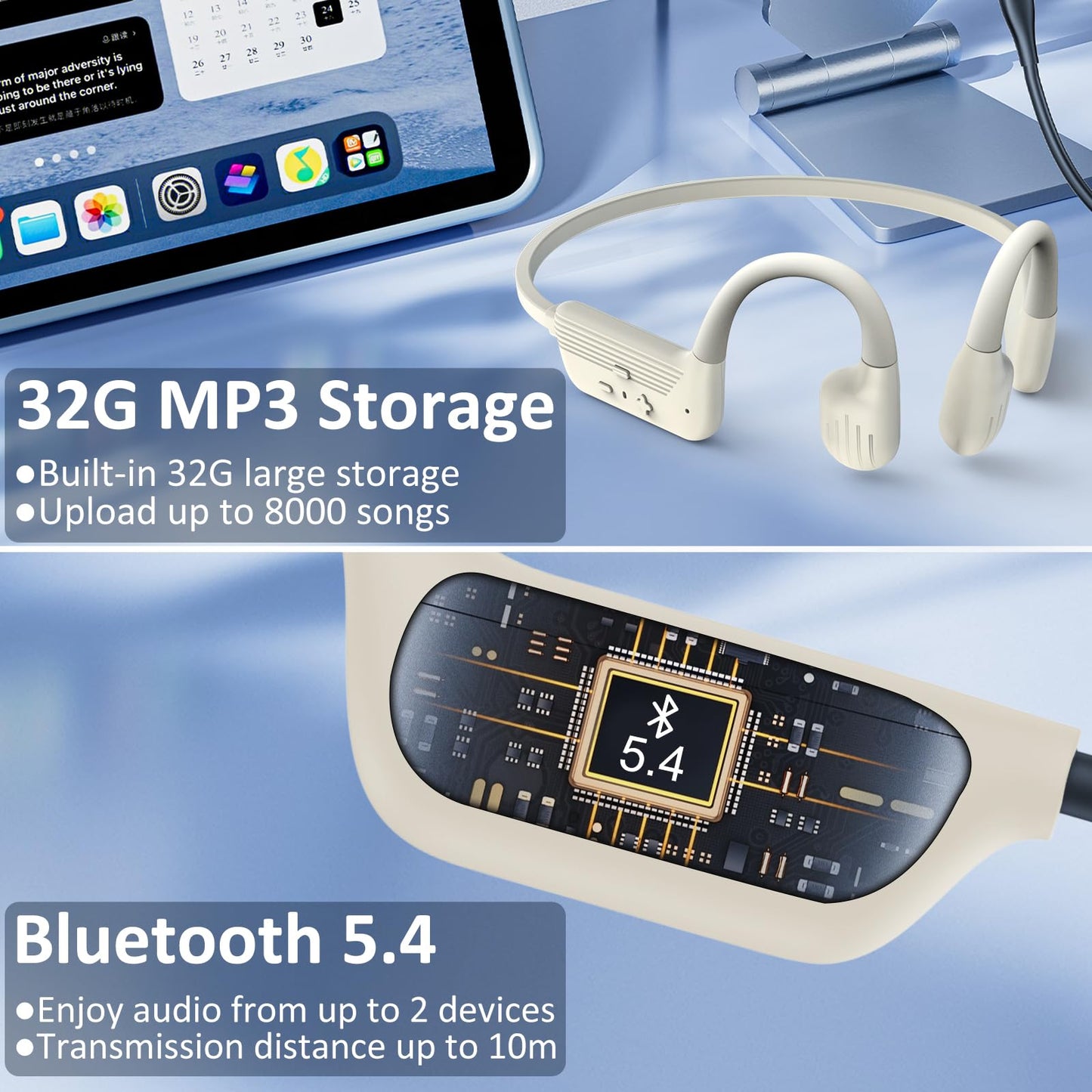 Swimming Headphones, IP68 Waterproof Bone Conduction Headphones, Bluetooth 5.4&MP3 with32GB Memory Card, Skin Open Ear Swim Earbuds with Adjustable