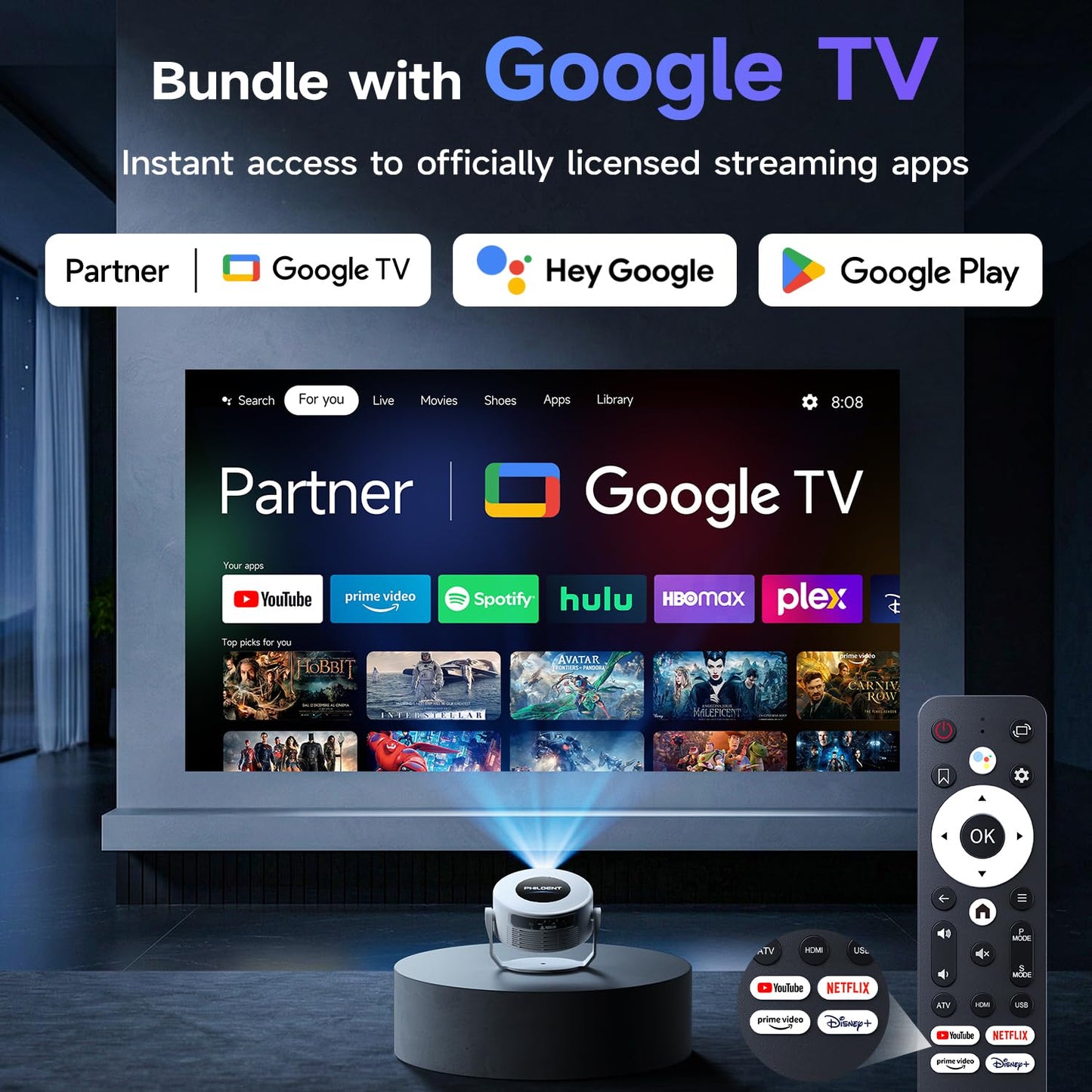 Philoent?Google TV Included?Smart Mini Projector, Ultra Short Throw for Big Screen in Small Room, Auto Keystone Portable Proyector with WiFi