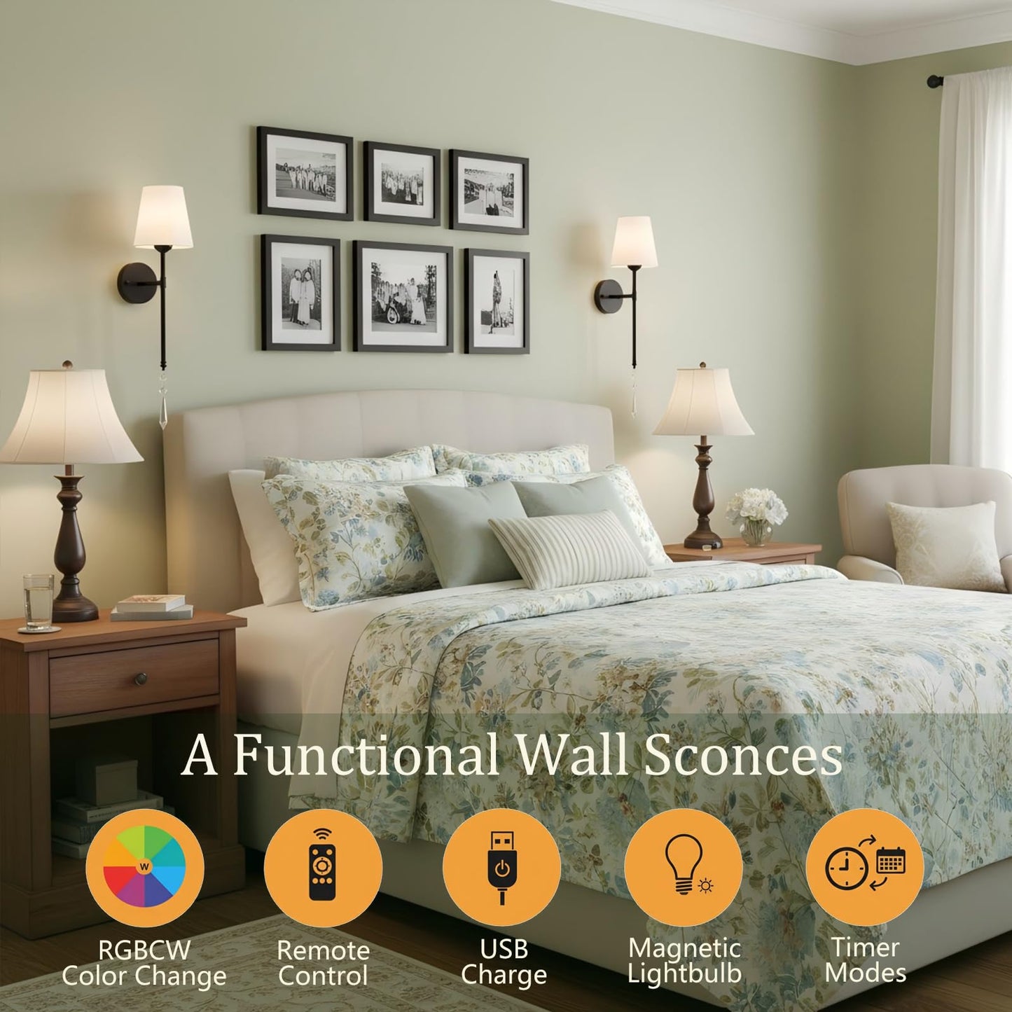 JIMEI Battery Operated Wall Sconces Set of Two Rechargeable Wall Sconce Wireless Wall Lights for Bedroom Wall Lamps with 15 Colors RGBCW Dimmable