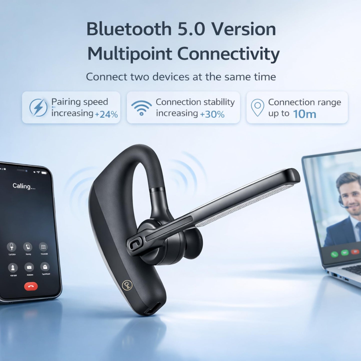 Bluetooth Headset with Mic - MAYHEY Wireless Mono Ear Bluetooth Headset, Noise Cancelling Mic, 10H Talk Time, Bluetooth 5.0, Adjustable Mic