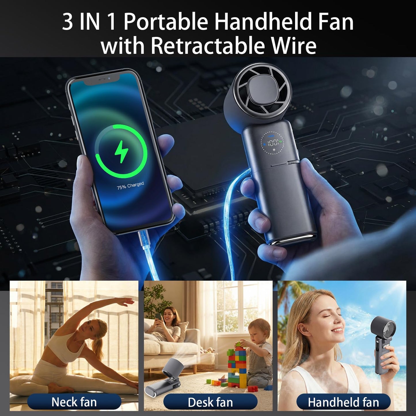 9000mAh Handheld Fan, Rechargeable Portable Fan with Power Bank Function