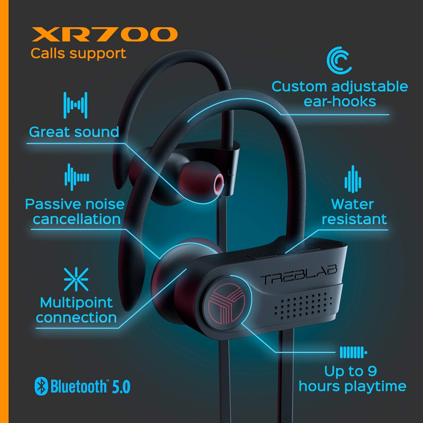 TREBLAB XR700 Wireless Earbuds - Bluetooth 5.0, IPX7 Waterproof, Noise Cancelling, Adjustable Earhooks, 9H Battery, Deep Bass, Mic - Sports Running