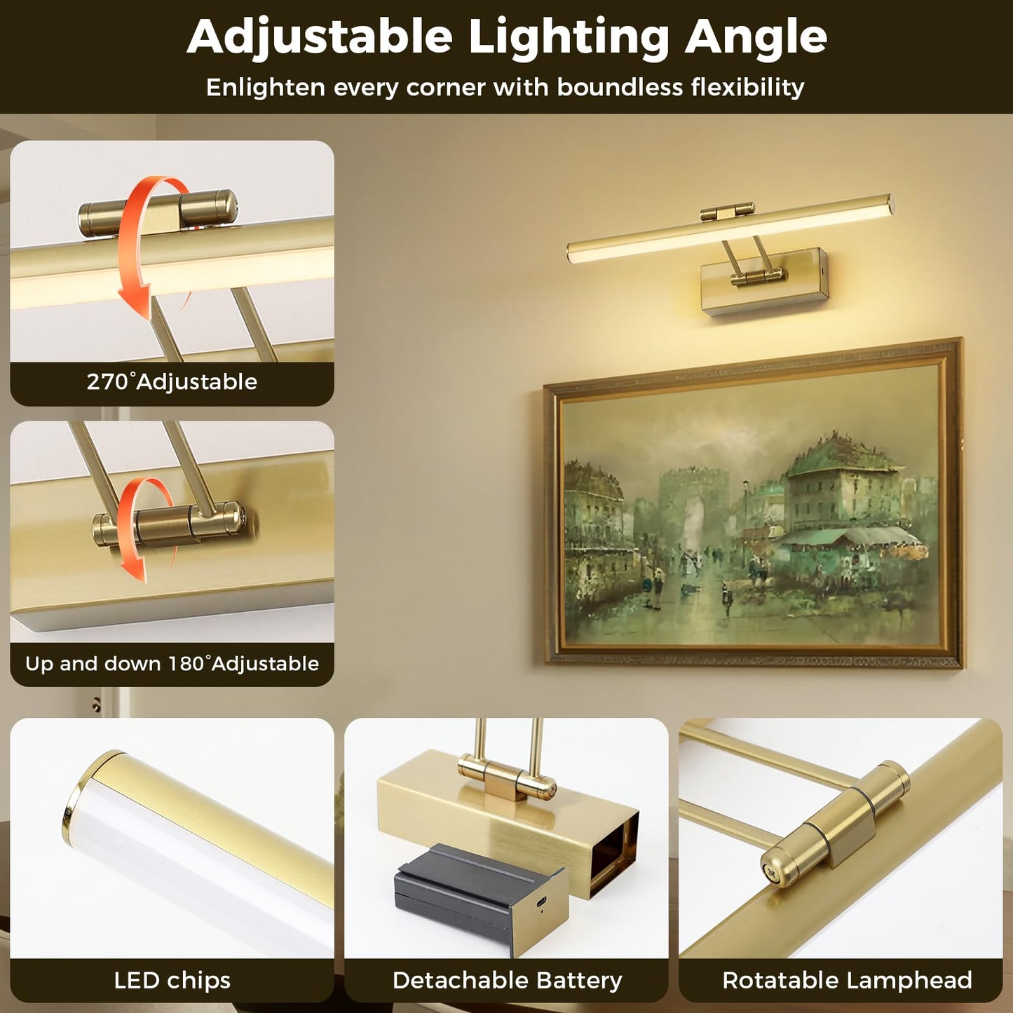 JUSHENG Picture Lights for Wall Battery Operated, Brass 3CCT Dimmable Gallery Light with Detachable Battery and Timer, Rechargeable Picture Lighting