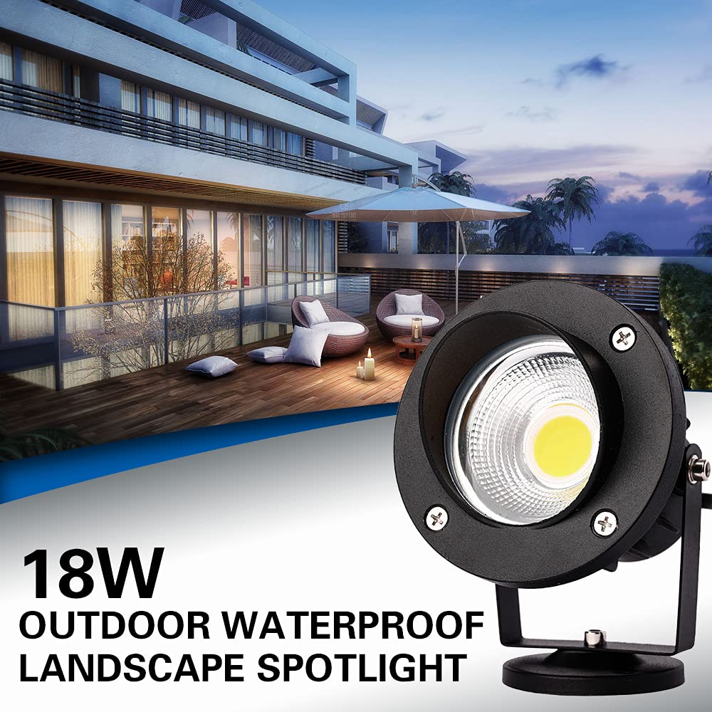 ELEGLO 18W Low Voltage Landscape Lighting LED Spotlight Outdoor 12V~24V AC/DC Waterproof Landscape Lights Spot Lights for Yard with Spiked Stake Warm
