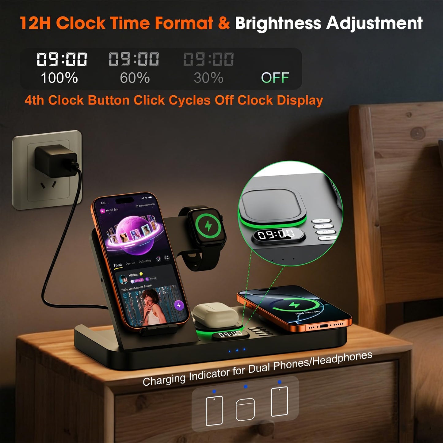 Dual Phone Magnetic Wireless Charging Station for Apple Devices/Apple Ecosystem, 7-Color Auto Light & 12H Clock, Multi-Device Charger for iPhone