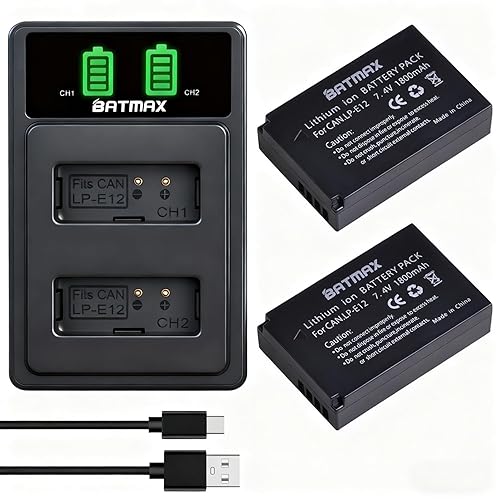 Batmax 2Pcs LP-E12 Battery + USB LCD Dual Charger with Type C Port for Canon EOS-M, EOS M2, EOS M10, EOS M100, EOS M200, SX70 HS, Rebel SL1, EOS M50