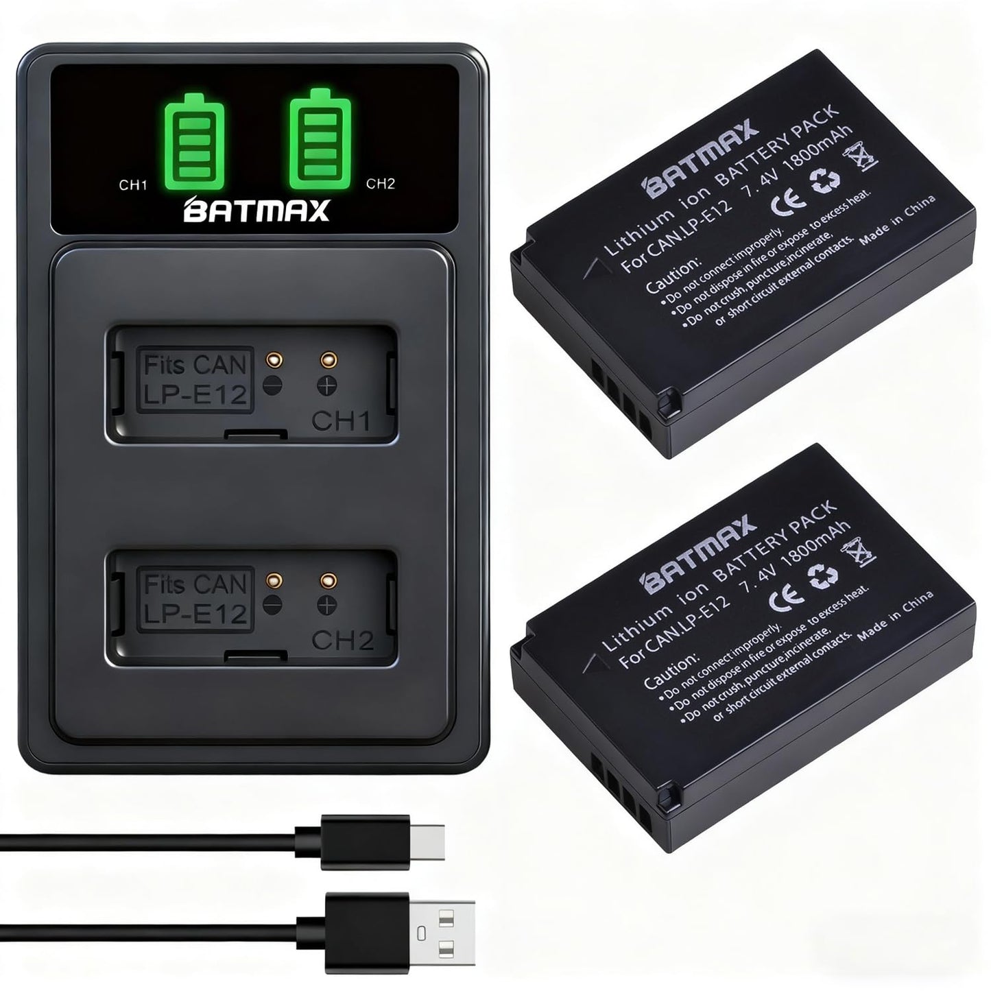 Batmax 2Pcs LP-E12 Battery + USB LCD Dual Charger with Type C Port for Canon EOS-M, EOS M2, EOS M10, EOS M100, EOS M200, SX70 HS, Rebel SL1, EOS M50