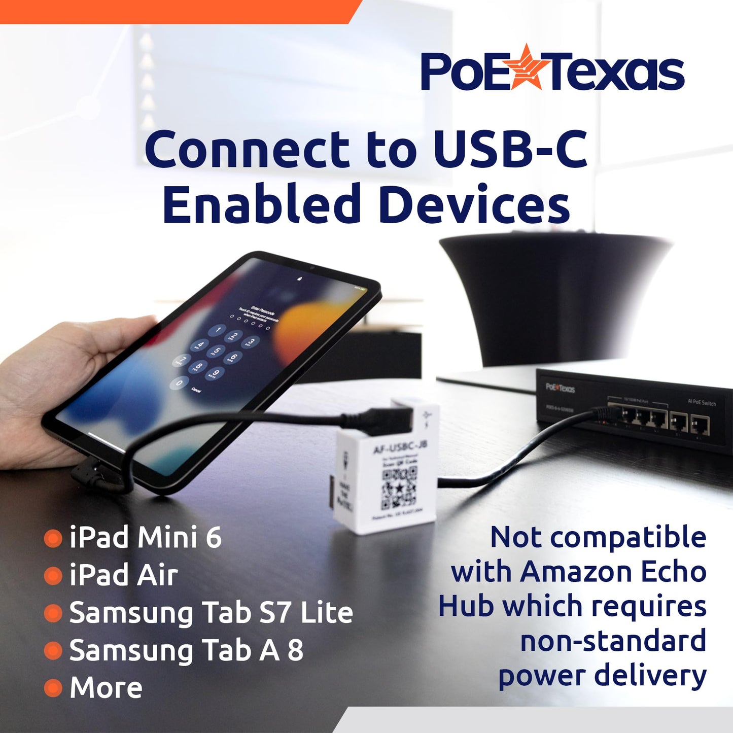 PoE Texas in-Wall PoE to USB-C Power & Data Adapter, 12W