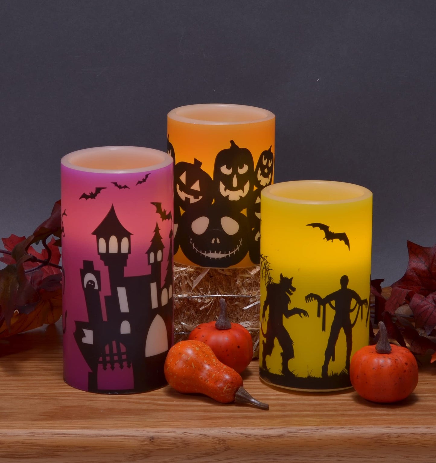 Mark Feldstein & Associates Halloween Haunted House Silhouette Flameless LED Wax Candle Pillars, 3 Piece Set, 6 Inch