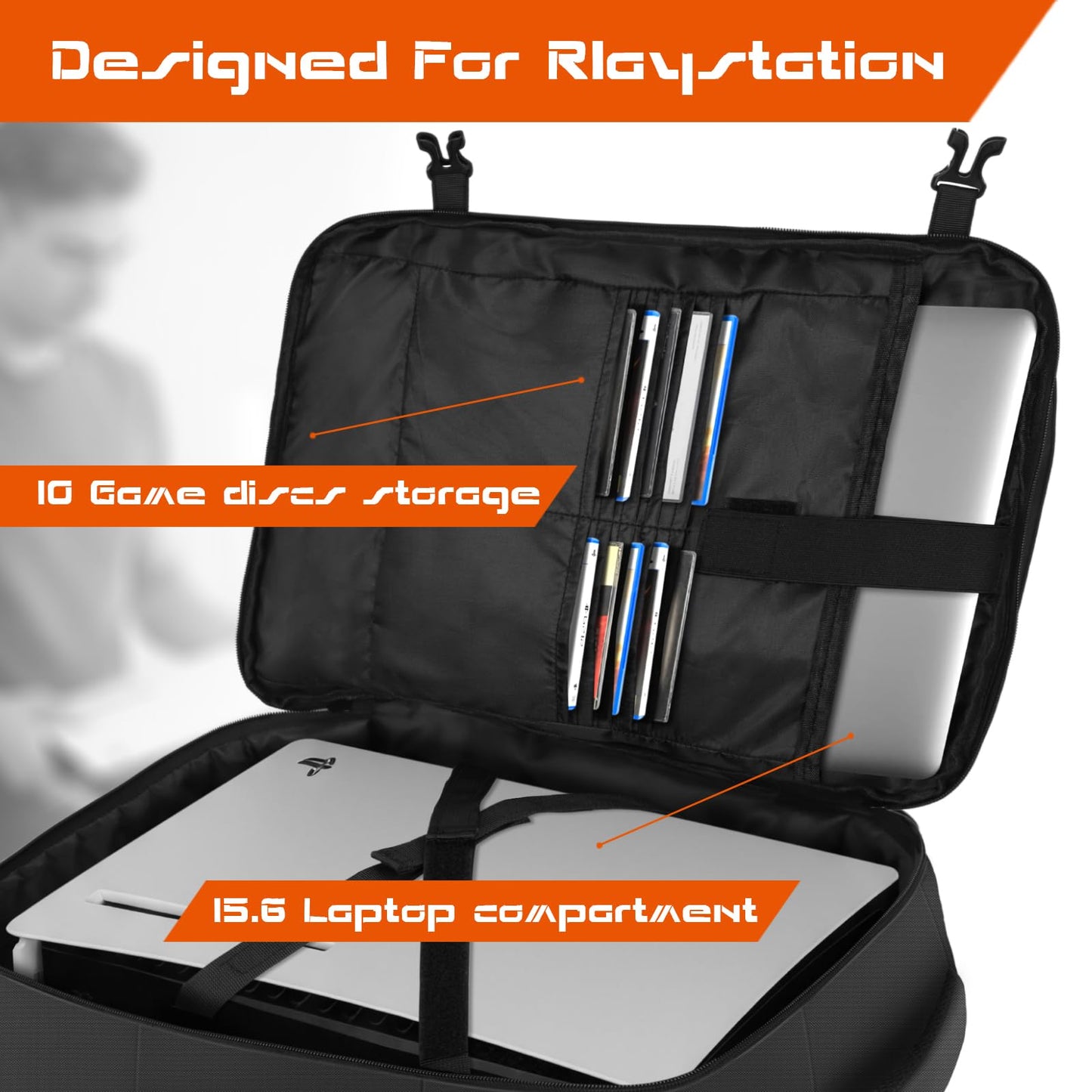 Fxcelets Carrying Case for PS5, Protective Travel Backpack Fits for Playstation 5 Console, Headset, 15.6" Laptop, More Game Discs and Gaming