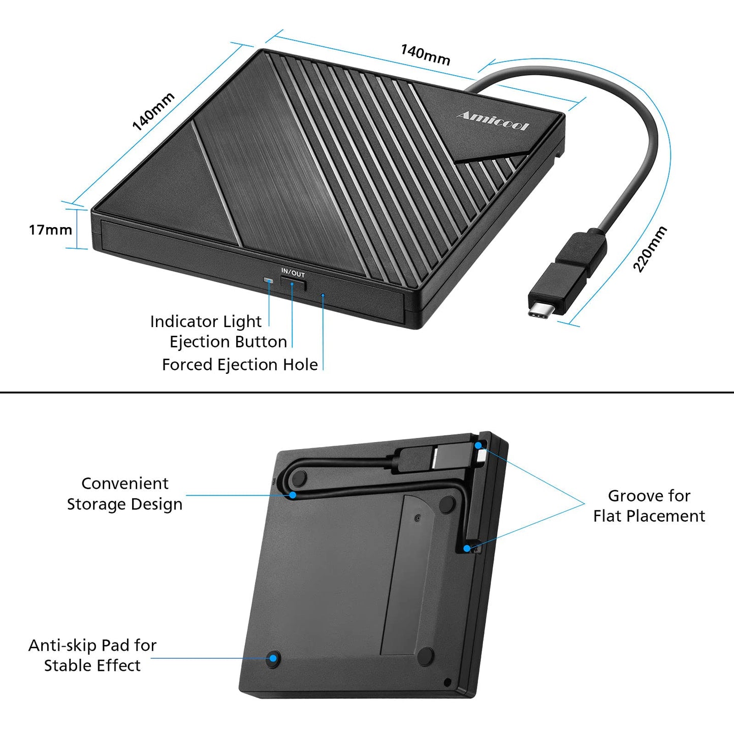Amicool External DVD Drive USB 3.0 USB C CD Burner CD/DVD +/-RW Optical Drive, Slim Portable DVD CD ROM Rewriter Writer Duplicator for Laptop Desktop