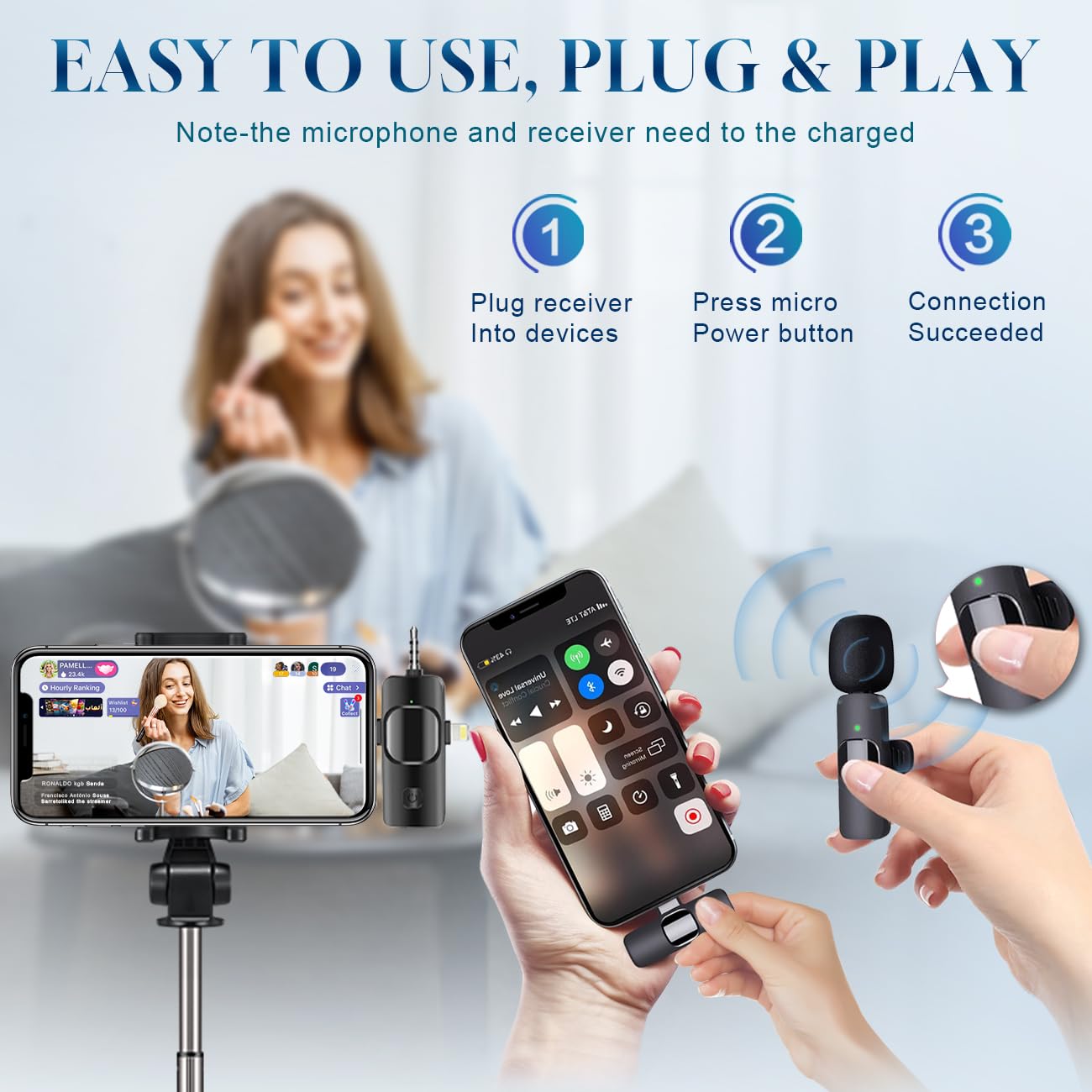 3 in 1 Wireless Lavalier Microphone for iPhone, iPad, Android, Camera,12-Hour Battery, mini Noise Reduction Recording Mic 2.4G Ultra-Low Delay