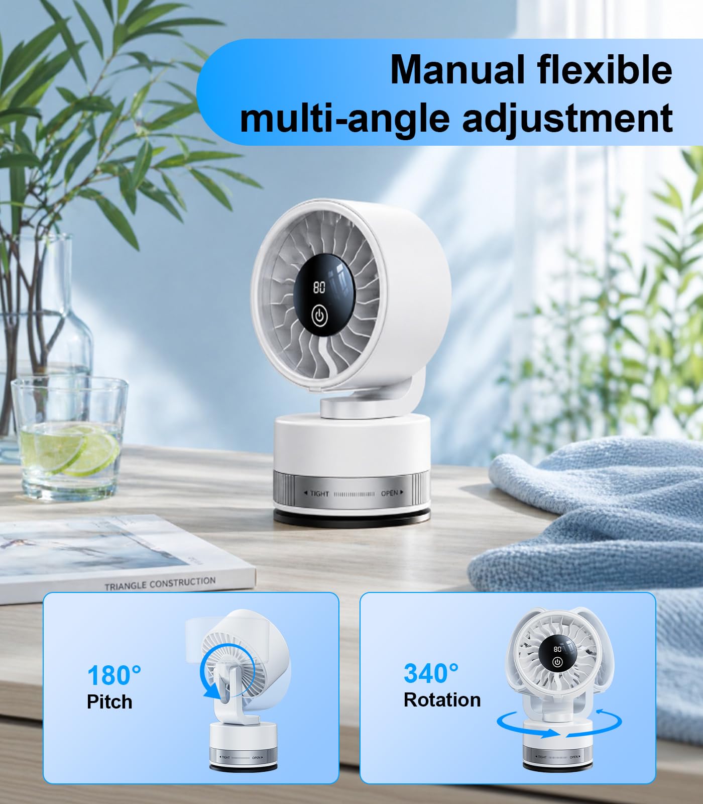Upgraded Suction Cup Wall Mounted Fan Built-in 4000mAh Battery 5 Speeds