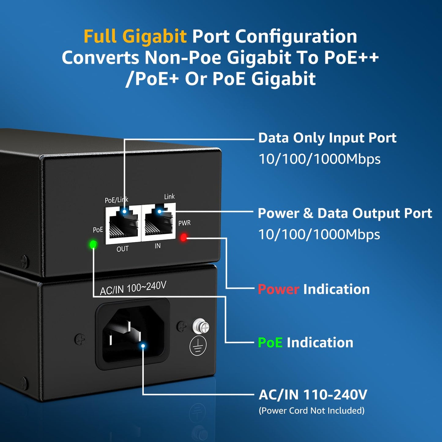 YuanLey Gigabit PoE Injector 90W, 10/100/1000Mbps PoE++ Injector Adapter, IEEE 802.3bt/at/af, Up to 325 Feet, Metal Case Desktop/Wall-Mount, Plug