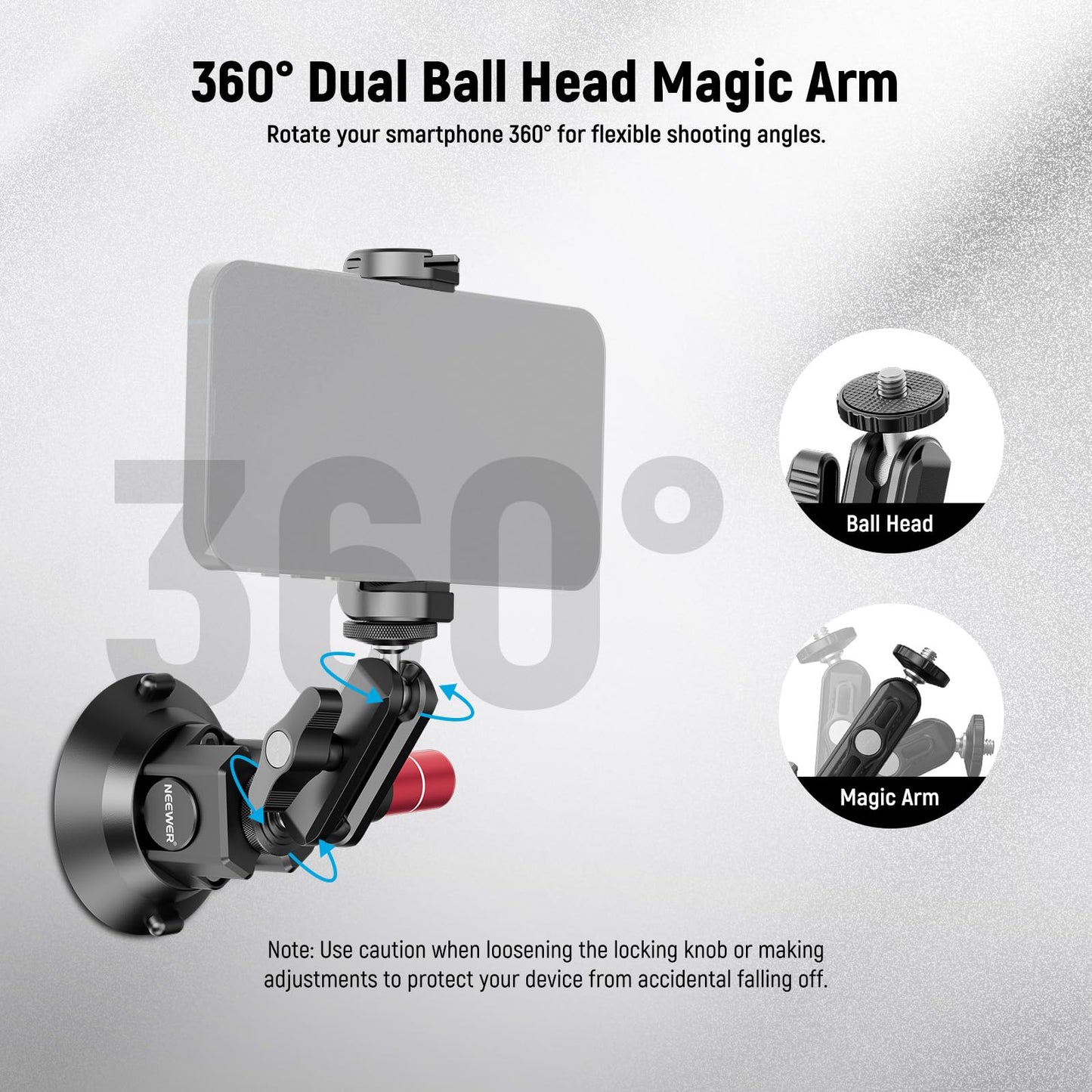 Neewer 3" Suction Cup Camera Mount Bracket with Ball Head Magic Arm, 1/4" ARRI Holes, Quick Release Car Mount with Phone Holder & Action Cam Adapter