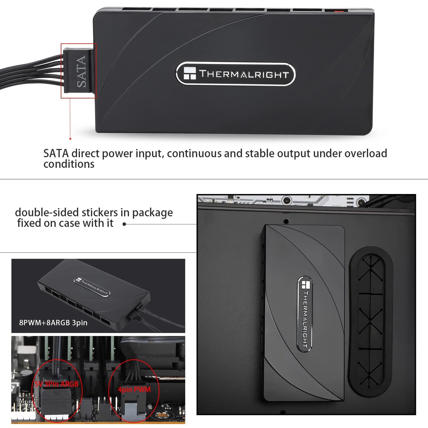 Thermalright ARGB Fan HUB Controller Support 8 Groups of Fans, 8-Port 4 Pin PC Fan Controller, 5V-3Pin ARGB Hub, Strong Paste+Magnetic Suction, SATA