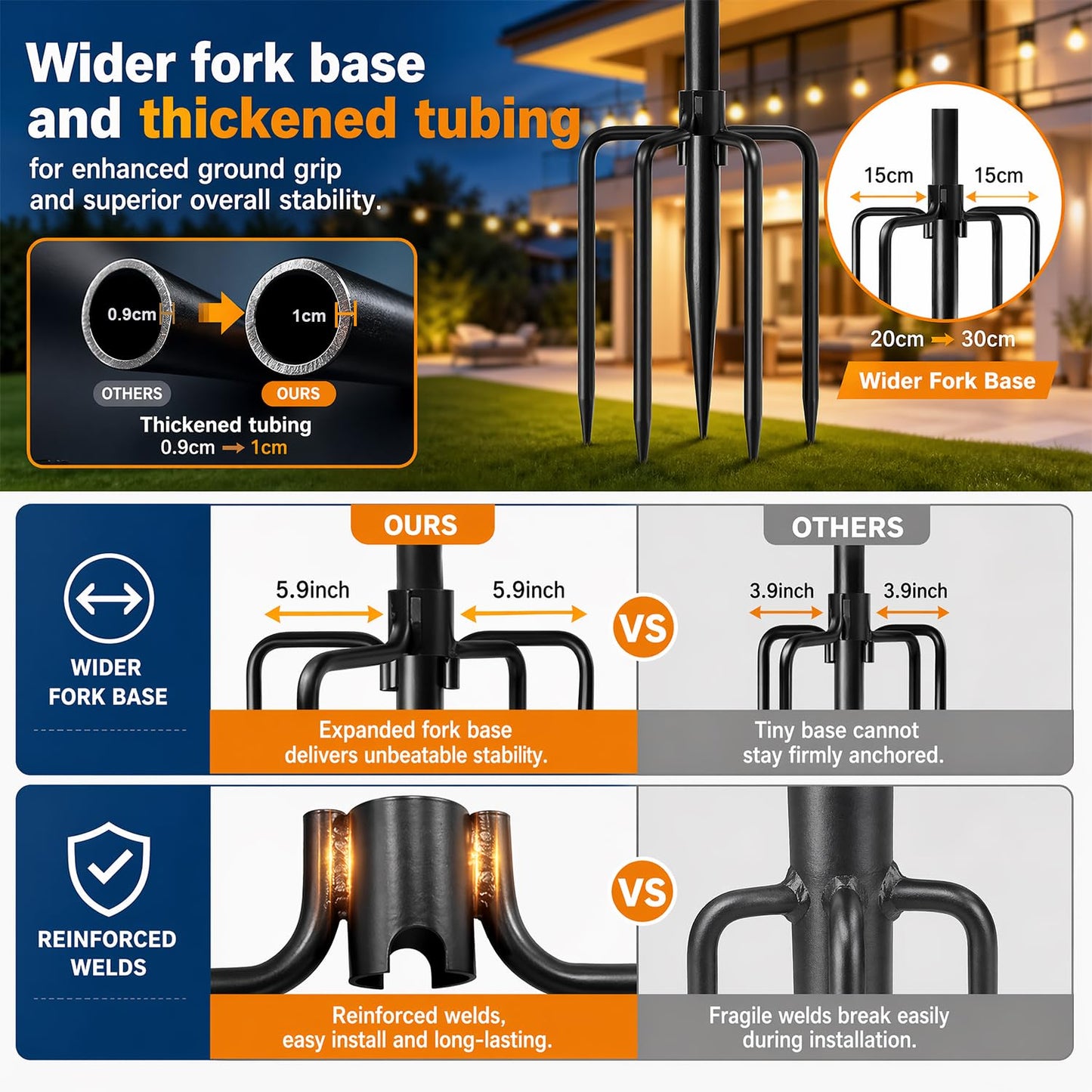 MuliVid 6 Pack 9FT String Light Poles for Outdoor,Metal Lights Hanging Pole Outside with Fork,Light Stand for Patio, Pergola, Garden, Backyard, Yard