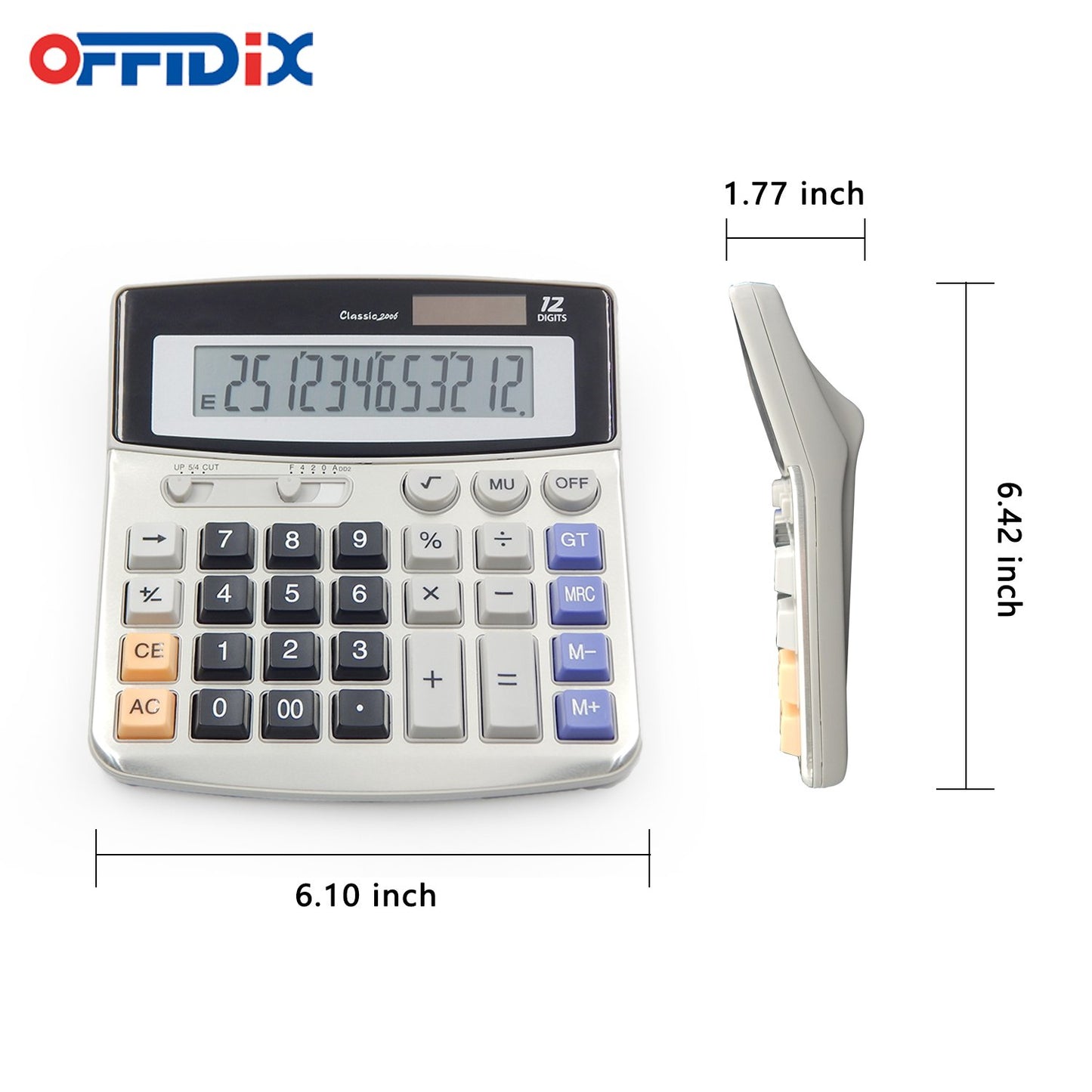 OFFIDIX Office Desktop Solar and Battery Dual Power Electronic Calculator - Portable 12 Digit Large LCD Display - 1PC