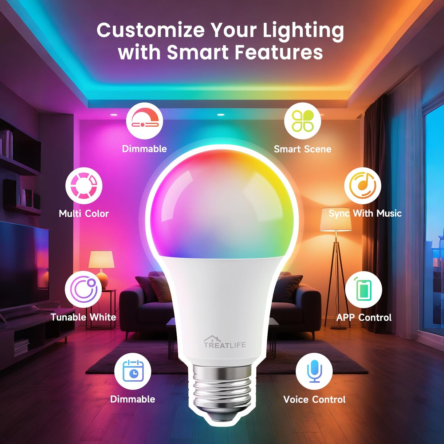 TREATLIFE Smart Light Bulbs 4 Pack, 2.4GHz Color Changing Light Bulb, Works with Alexa Google Home, A19 E26 Dimmable LED Light Bulb 9W 800 Lumen