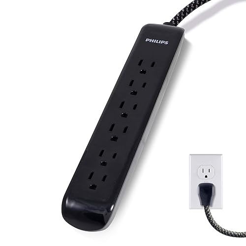 Philips 6 Outlet Surge Protector Power Strip, Designer Braided Power Cord, 10 Ft Power Cord, Flat Plug Extension Cord, Perfect for Office or Home