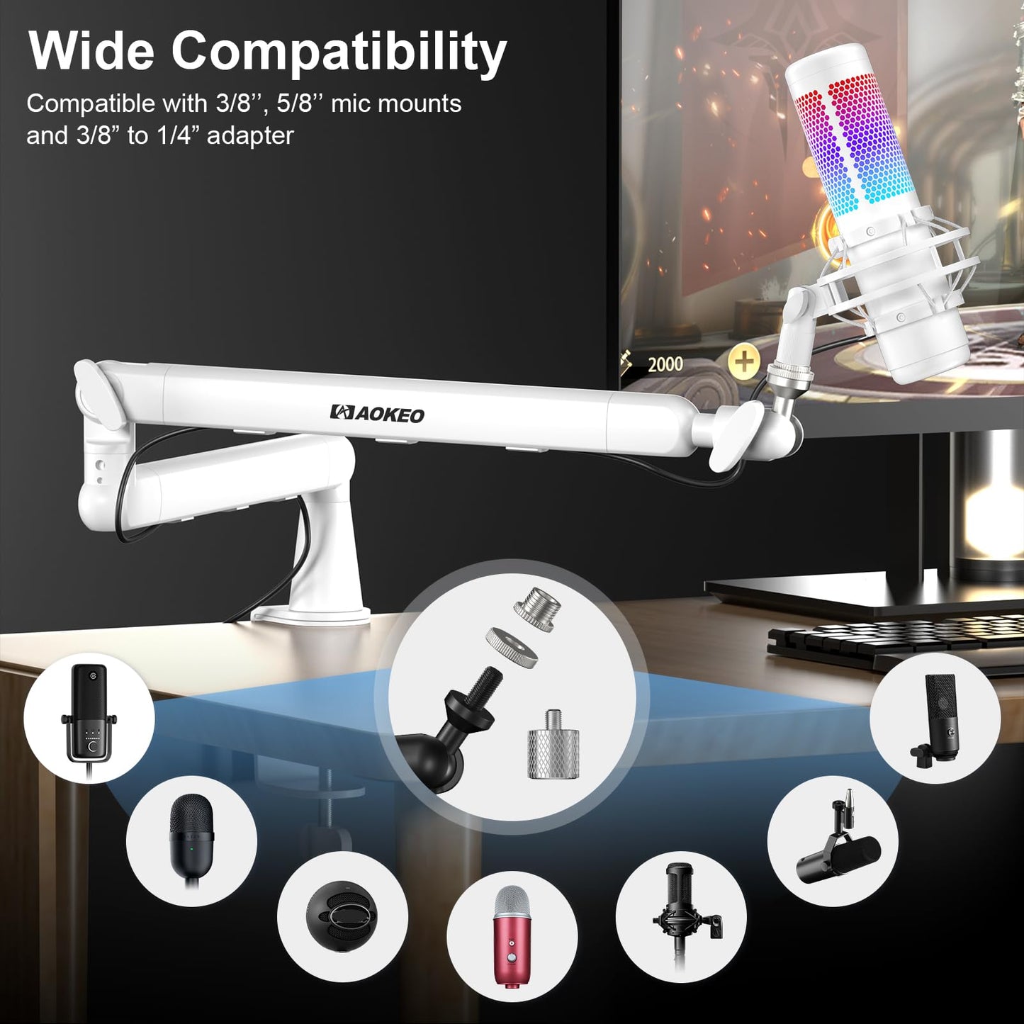 Microphone Arm,Aokeo AK-55 Desk Low Profile Adjustable Mic Boom Arm Stand,Suitable For Blue Yeti,Snowball iCE, HyperX QuadCast,SoloCast,Elgato