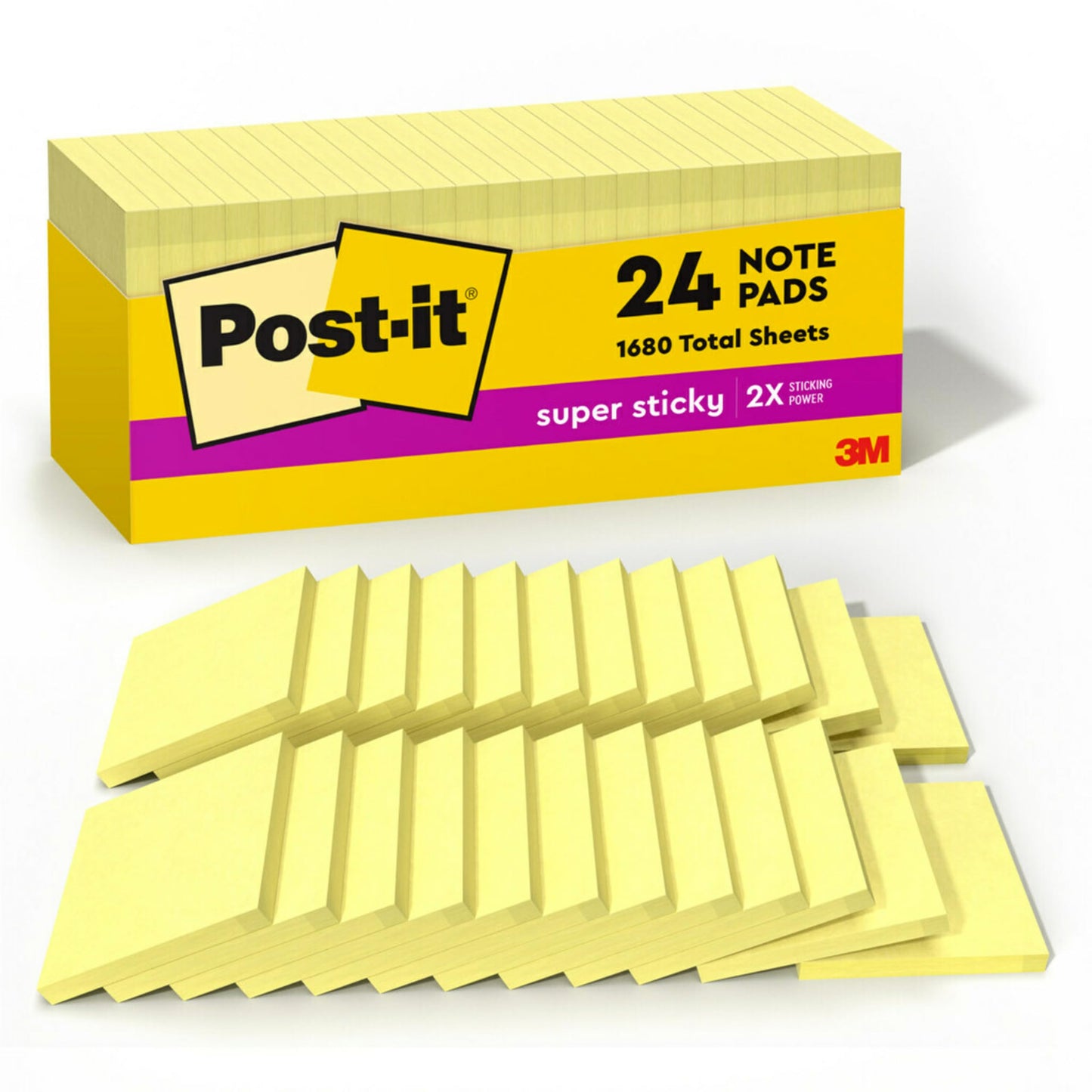 Post-it Super Sticky Notes, 24 Pads, 3 x 3 in., School Supplies, Office Products, for Vertical Surfaces, Monitors, Walls and Windows, Canary Yellow